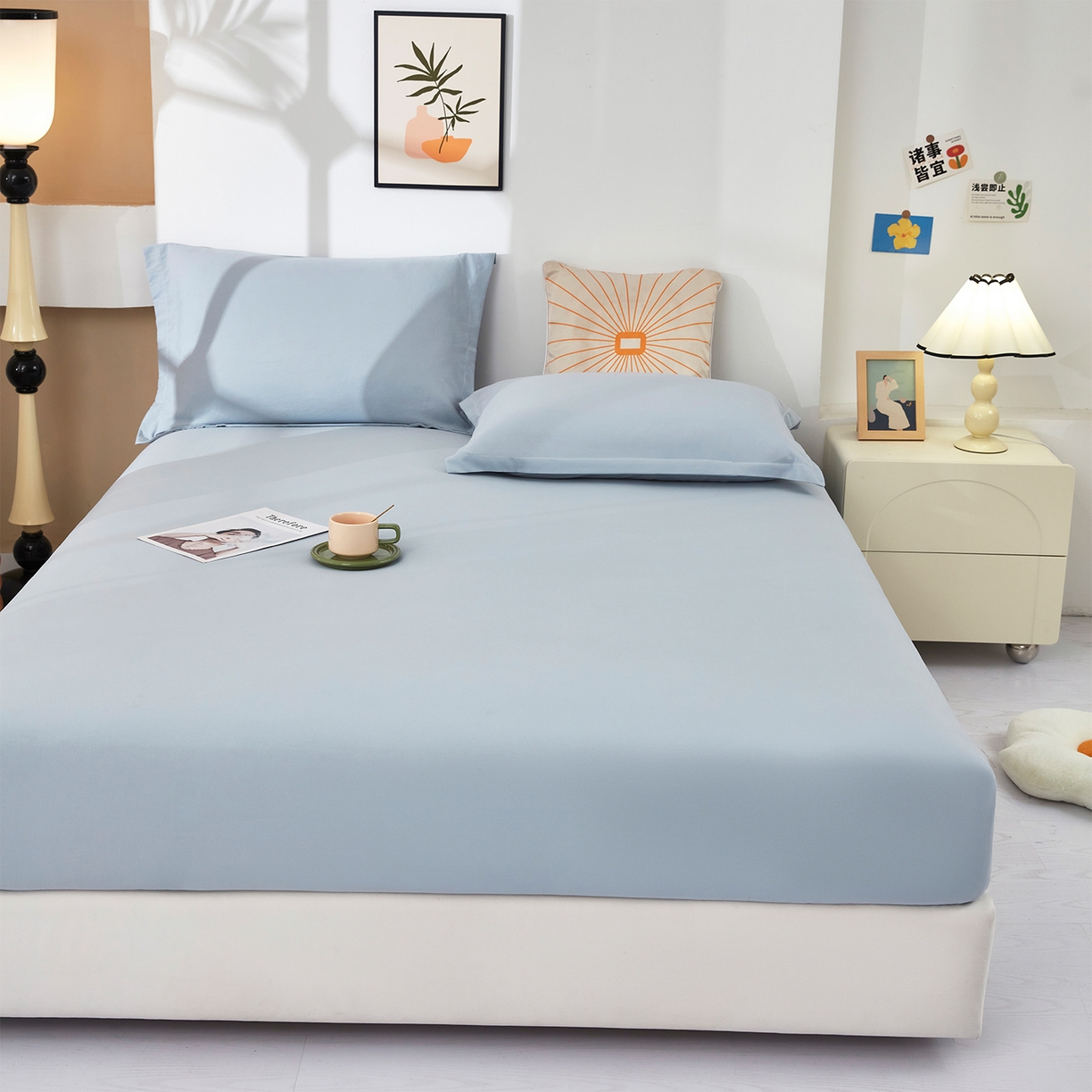 91家纺网 家纺一手货源 找家纺 乐居家纺 2025新款针织棉双层纱单件床笠 海蓝