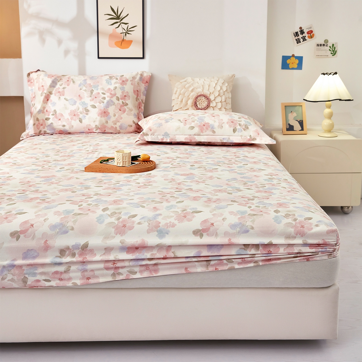 91家纺网 家纺一手货源 找家纺 乐居家纺 2025新款针织棉双层纱单件床笠 花卉庄园