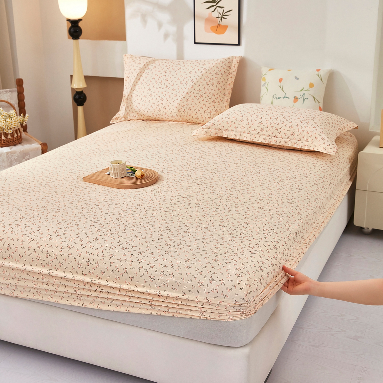 91家纺网 家纺一手货源 找家纺 乐居家纺 2025新款针织棉双层纱单件床笠 问秋黄