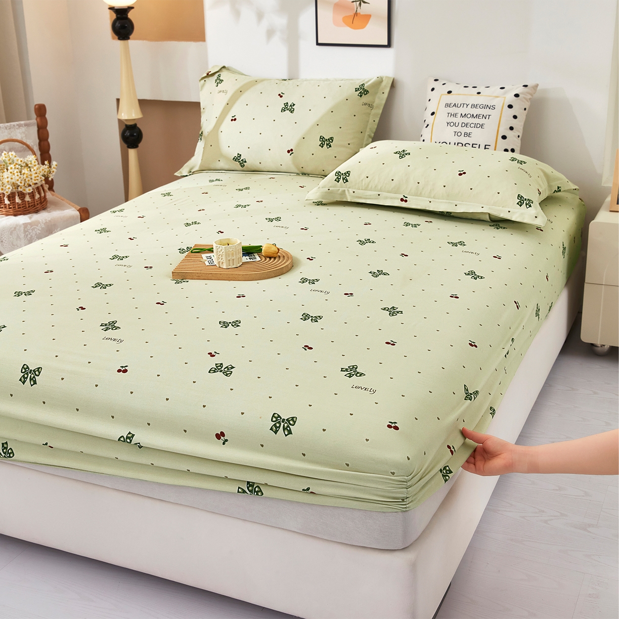 乐居家纺 2025新款针织棉双层纱单件床笠 樱桃蝴蝶