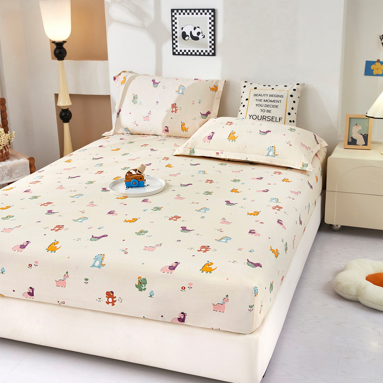 91家纺网 家纺一手货源 找家纺 乐居家纺 2025新款针织棉双层纱单件床笠 恐龙乐园