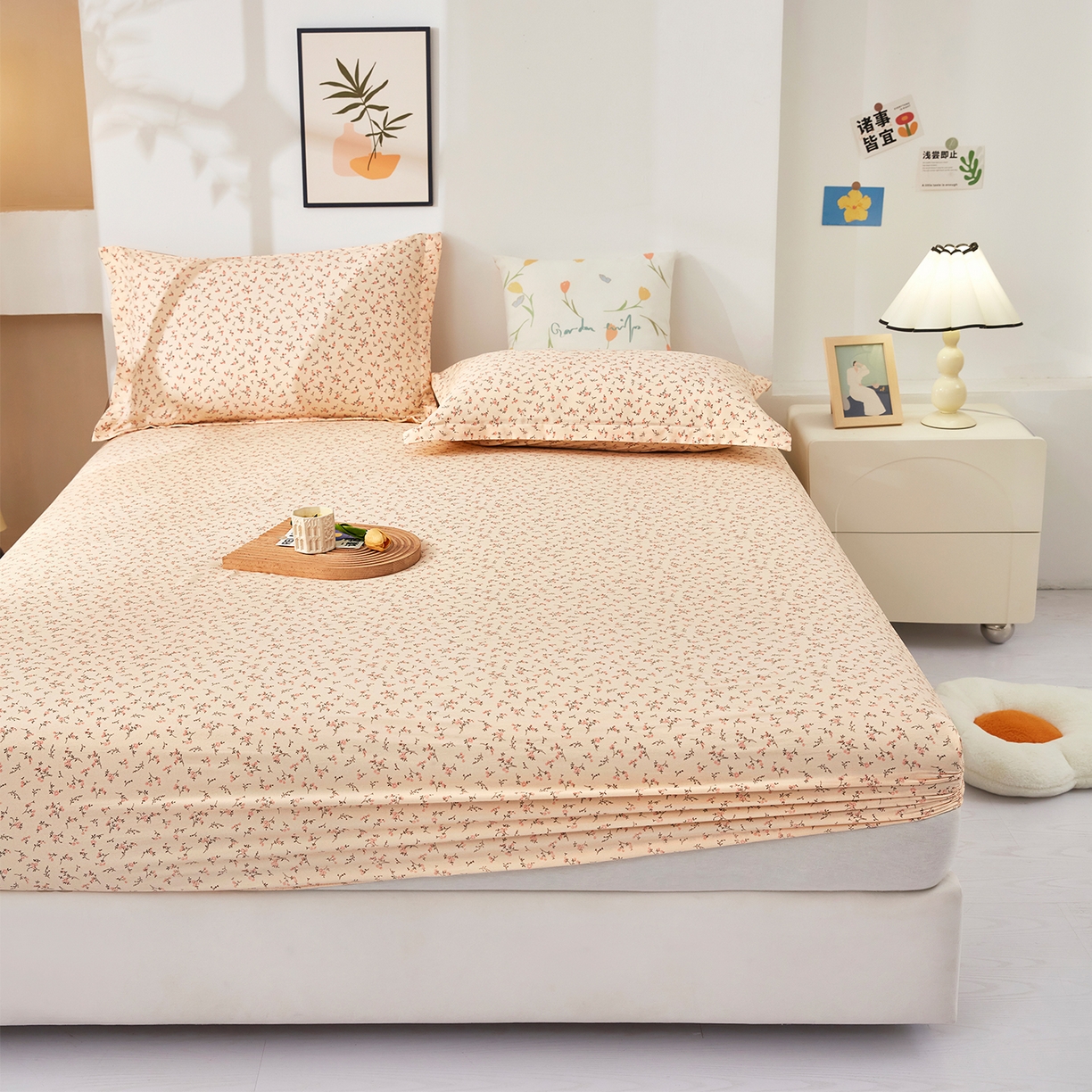 91家纺网 家纺一手货源 找家纺 乐居家纺 2025新款针织棉双层纱单件床笠 问秋黄