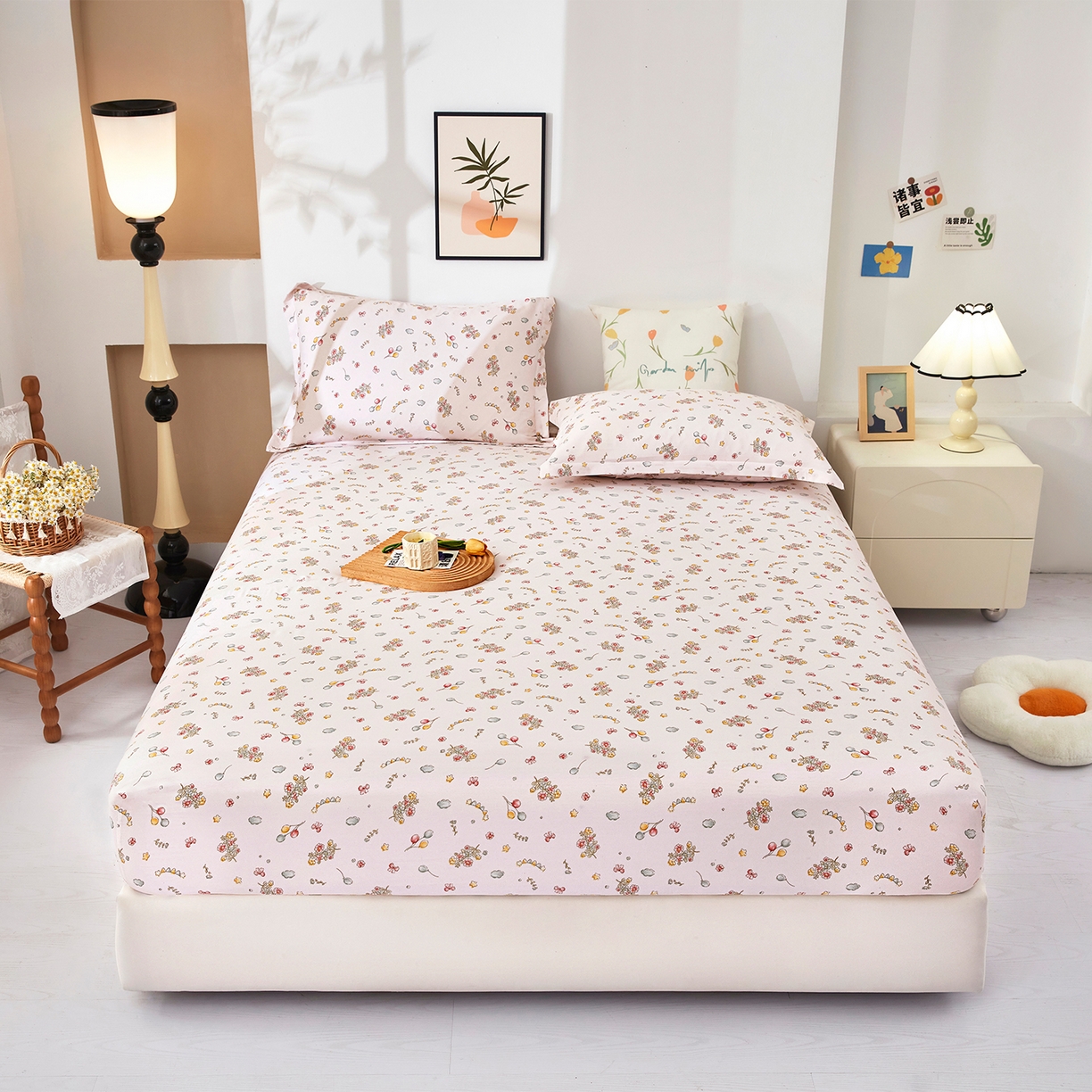 91家纺网 家纺一手货源 找家纺 乐居家纺 2025新款针织棉双层纱单件床笠 落花