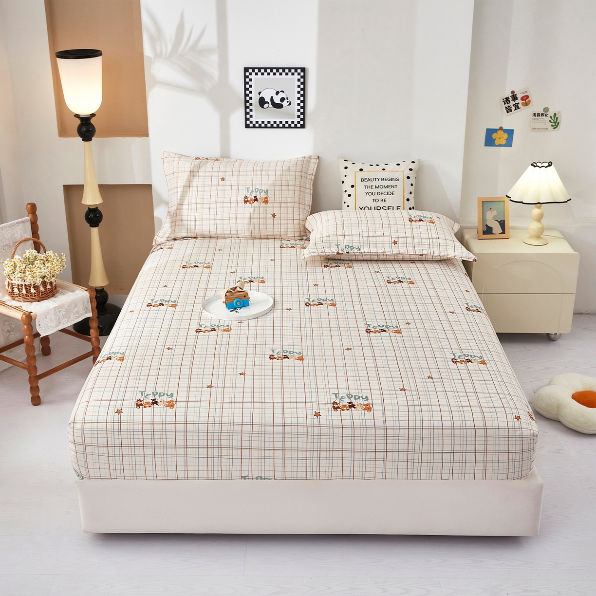 91家纺网 家纺一手货源 找家纺 乐居家纺 2025新款针织棉双层纱单件床笠 小熊派对