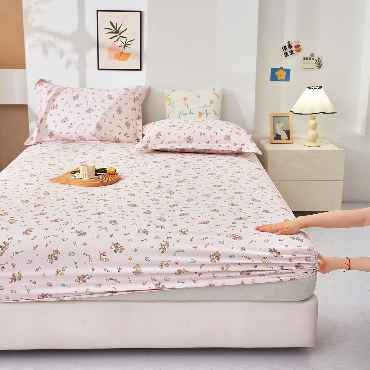 91家纺网 家纺一手货源 找家纺 乐居家纺 2025新款针织棉双层纱单件床笠 落花