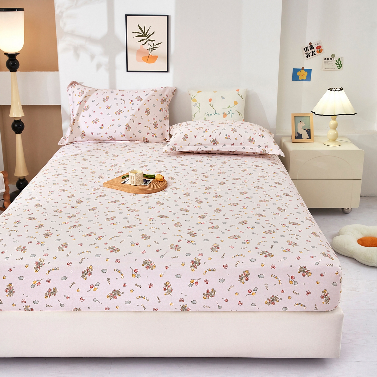 91家纺网 家纺一手货源 找家纺 乐居家纺 2025新款针织棉双层纱单件床笠 落花