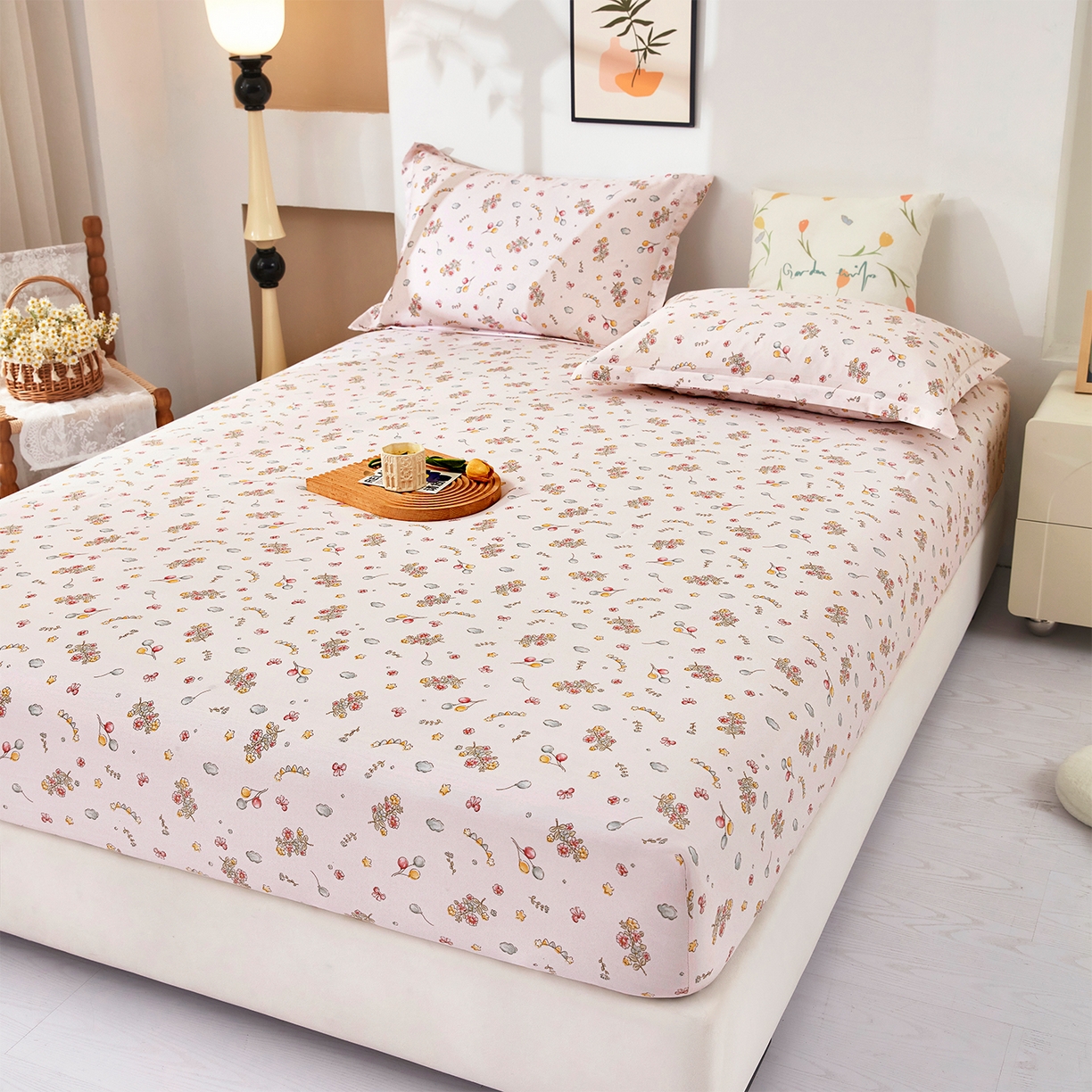 91家纺网 家纺一手货源 找家纺 乐居家纺 2025新款针织棉双层纱单件床笠 落花