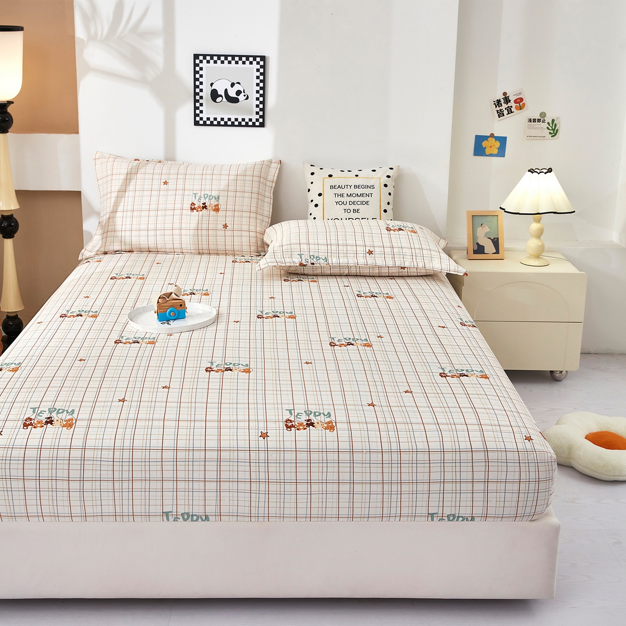 91家纺网 家纺一手货源 找家纺 乐居家纺 2025新款针织棉双层纱单件床笠 小熊派对