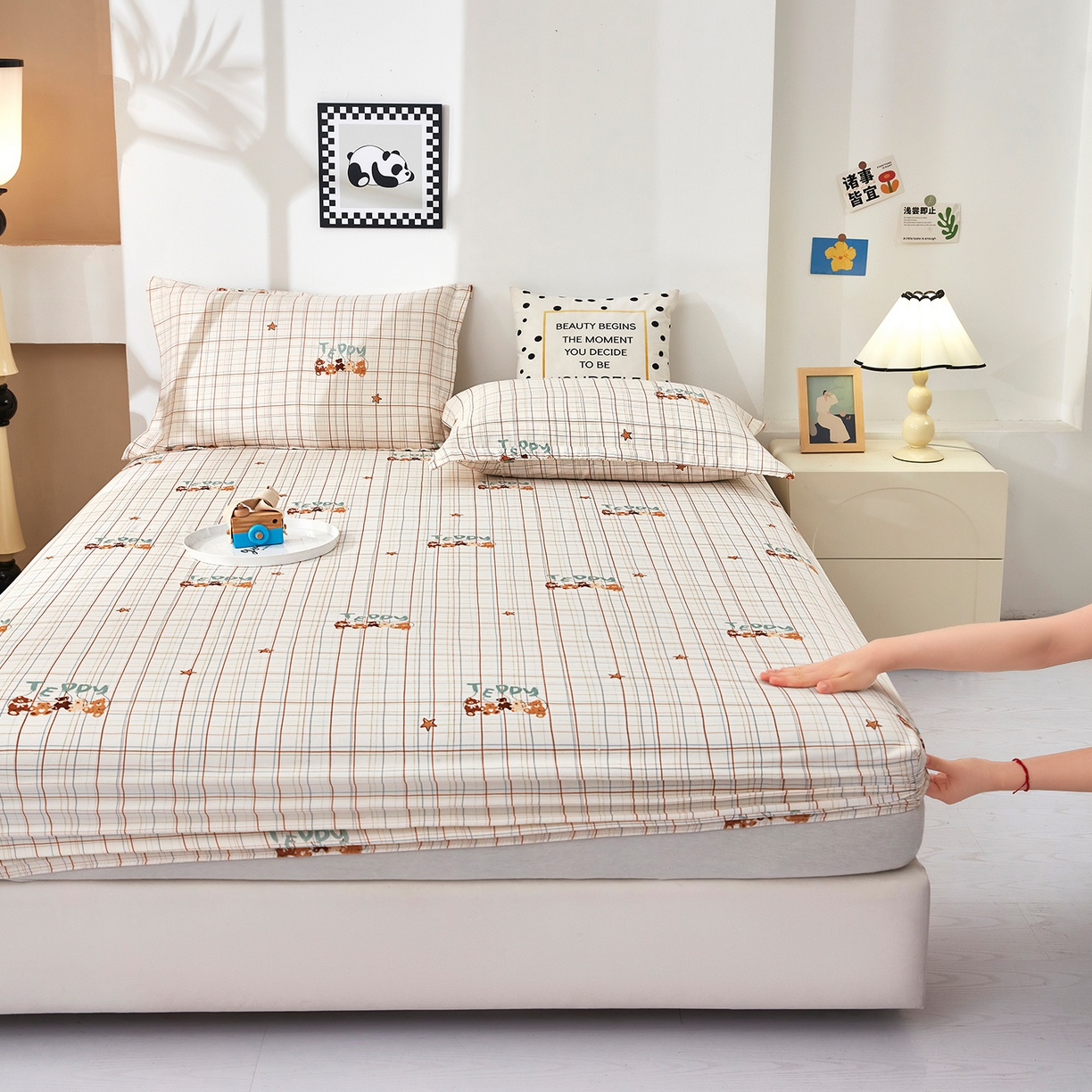 91家纺网 家纺一手货源 找家纺 乐居家纺 2025新款针织棉双层纱单件床笠 小熊派对