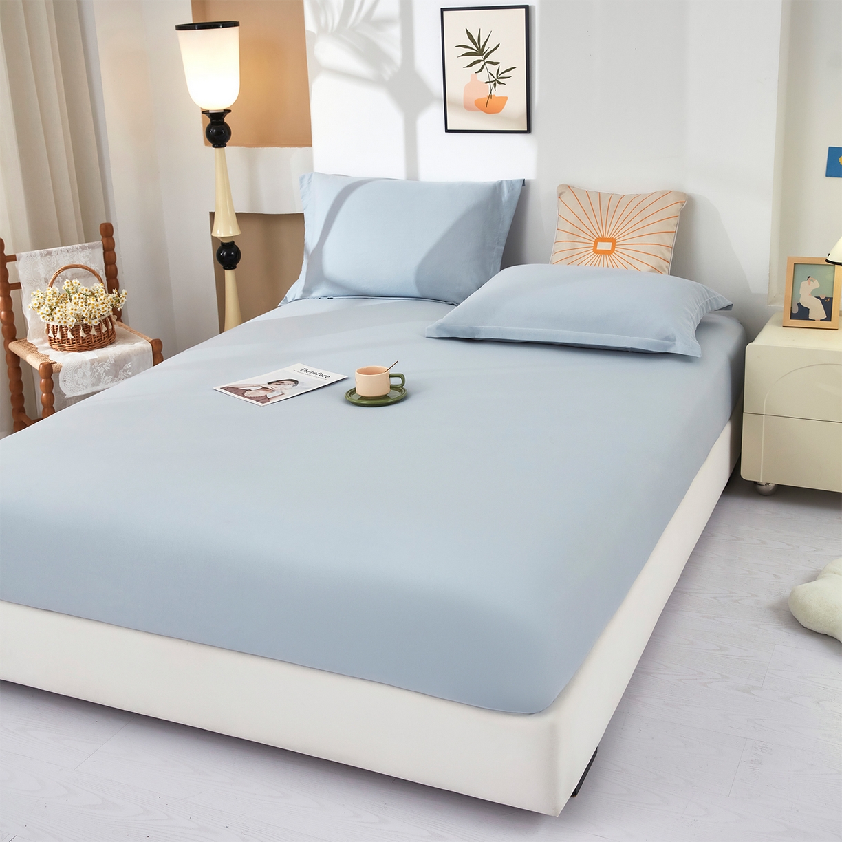 91家纺网 家纺一手货源 找家纺 乐居家纺 2025新款针织棉双层纱单件床笠 海蓝