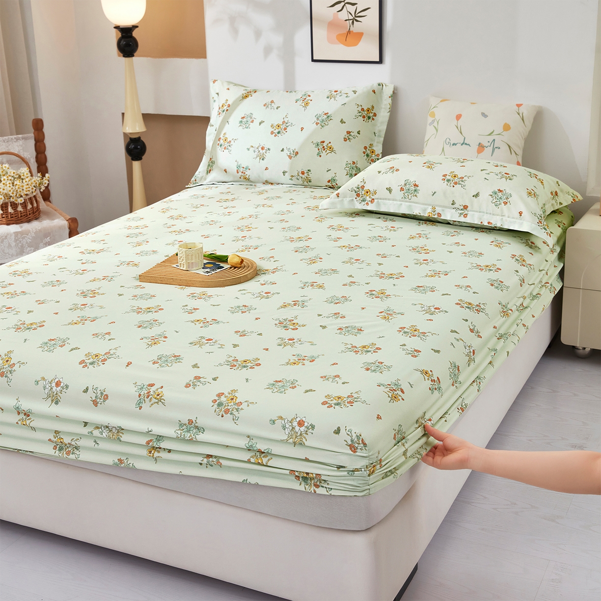 91家纺网 家纺一手货源 找家纺 乐居家纺 2025新款针织棉双层纱单件床笠 花团