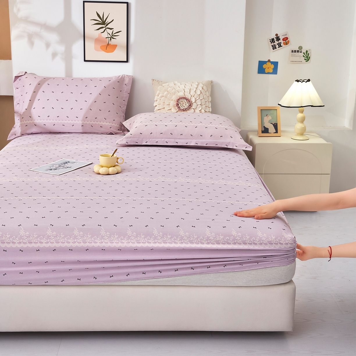 91家纺网 家纺一手货源 找家纺 乐居家纺 2025新款针织棉双层纱单件床笠 紫韵蝴蝶