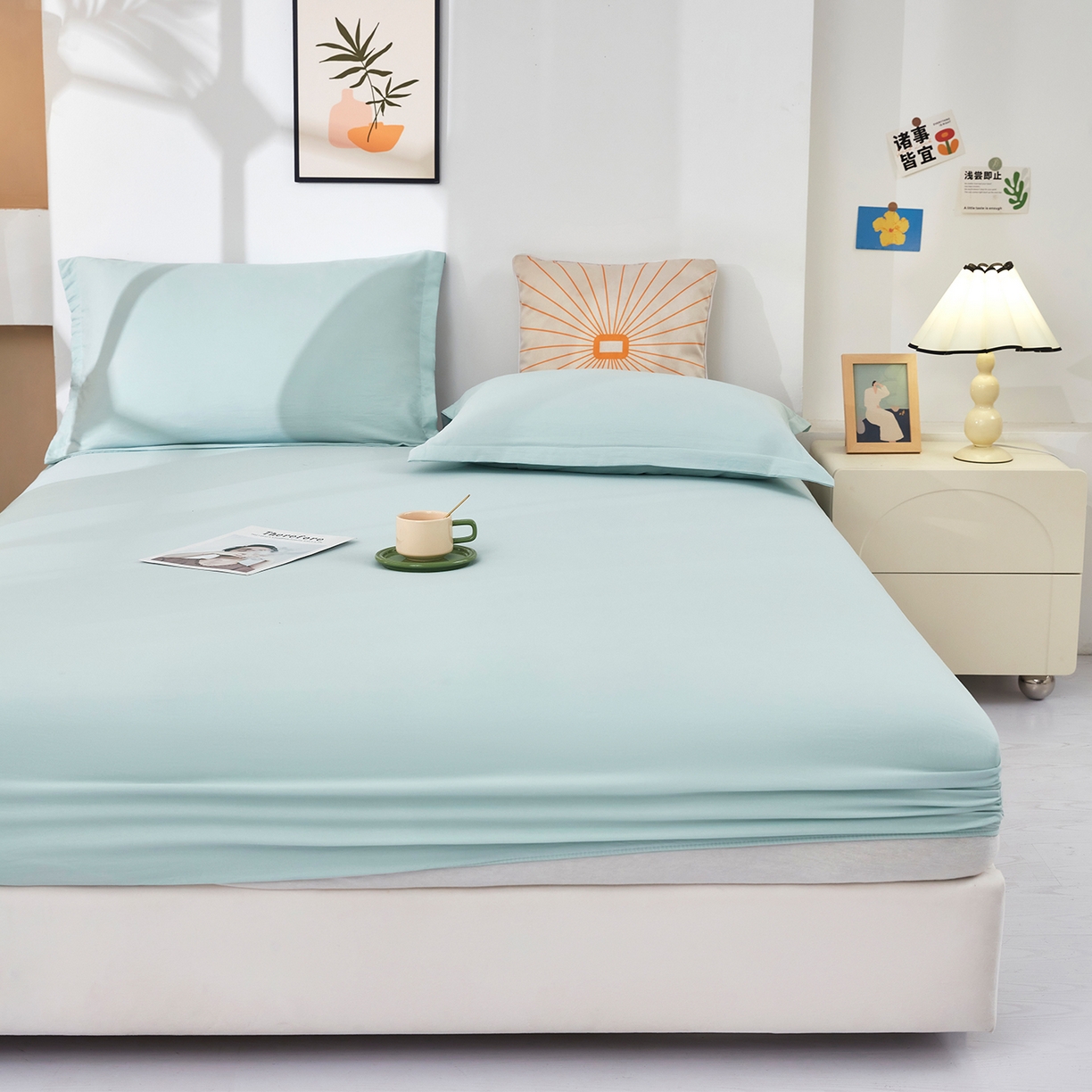 91家纺网 家纺一手货源 找家纺 乐居家纺 2025新款针织棉双层纱单件床笠 浅绿