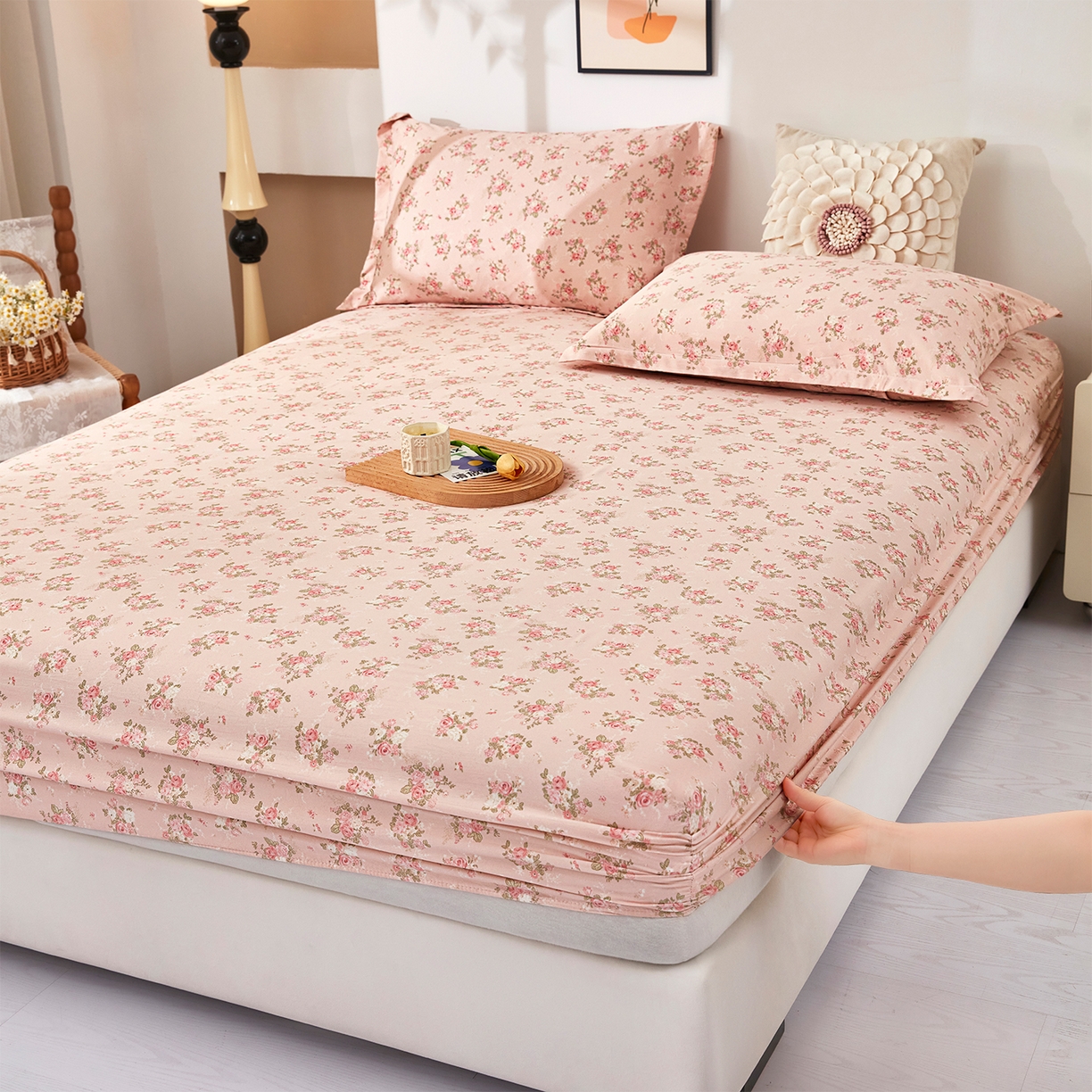 乐居家纺 2025新款针织棉双层纱单件床笠 粉韵格调