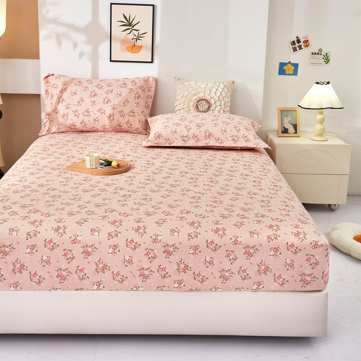 91家纺网 家纺一手货源 找家纺 乐居家纺 2025新款针织棉双层纱单件床笠 粉韵格调