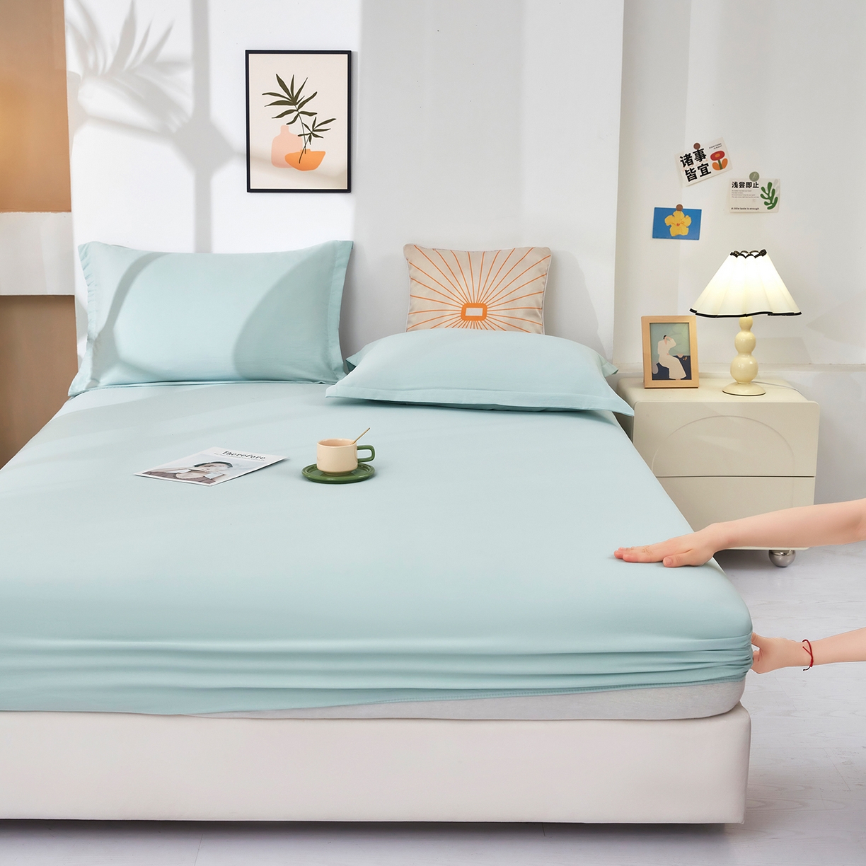 91家纺网 家纺一手货源 找家纺 乐居家纺 2025新款针织棉双层纱单件床笠 浅绿