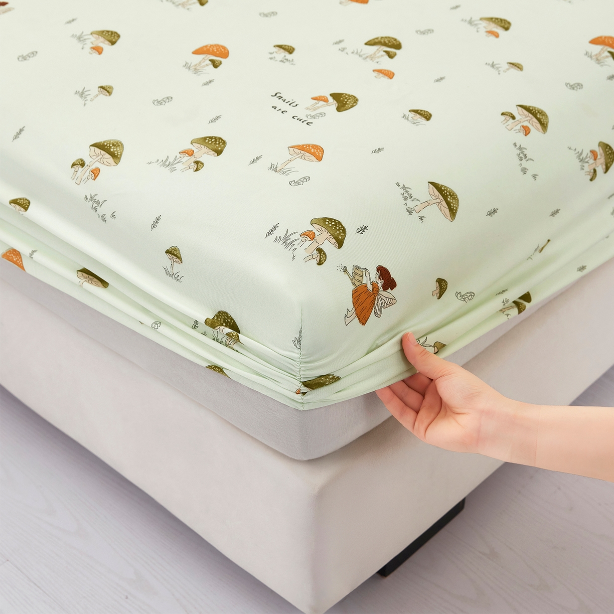 91家纺网 家纺一手货源 找家纺 乐居家纺 2025新款针织棉双层纱单件床笠 蘑菇精灵