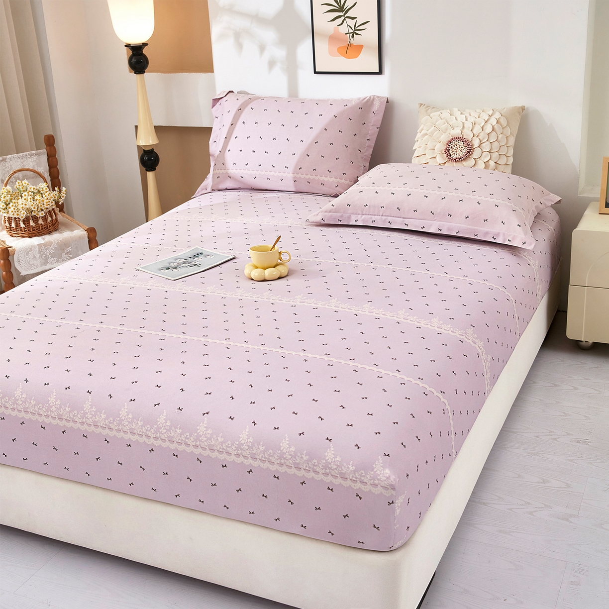 91家纺网 家纺一手货源 找家纺 乐居家纺 2025新款针织棉双层纱单件床笠 紫韵蝴蝶