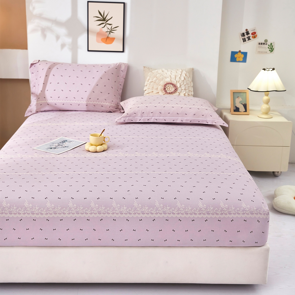 91家纺网 家纺一手货源 找家纺 乐居家纺 2025新款针织棉双层纱单件床笠 紫韵蝴蝶