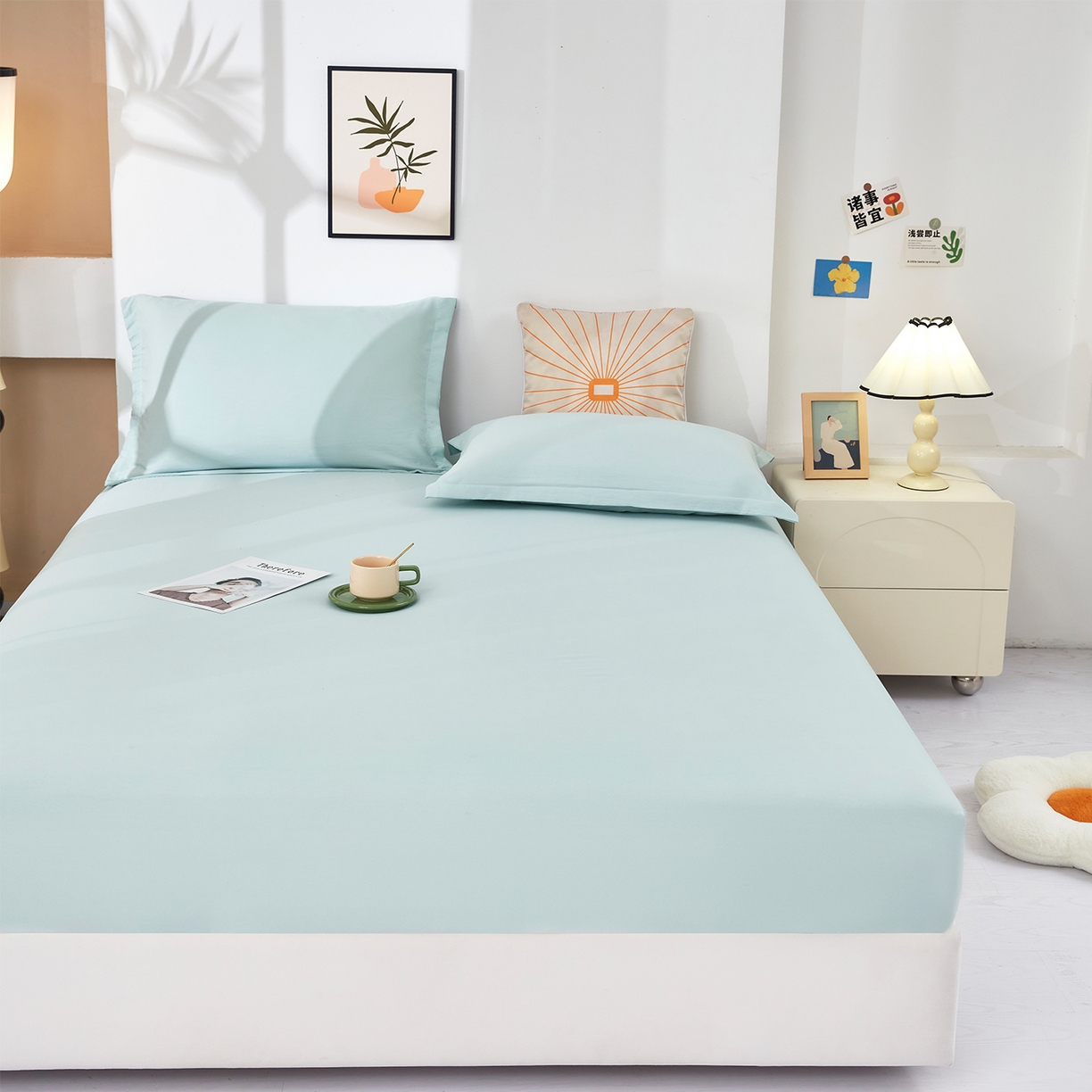 91家纺网 家纺一手货源 找家纺 乐居家纺 2025新款针织棉双层纱单件床笠 浅绿