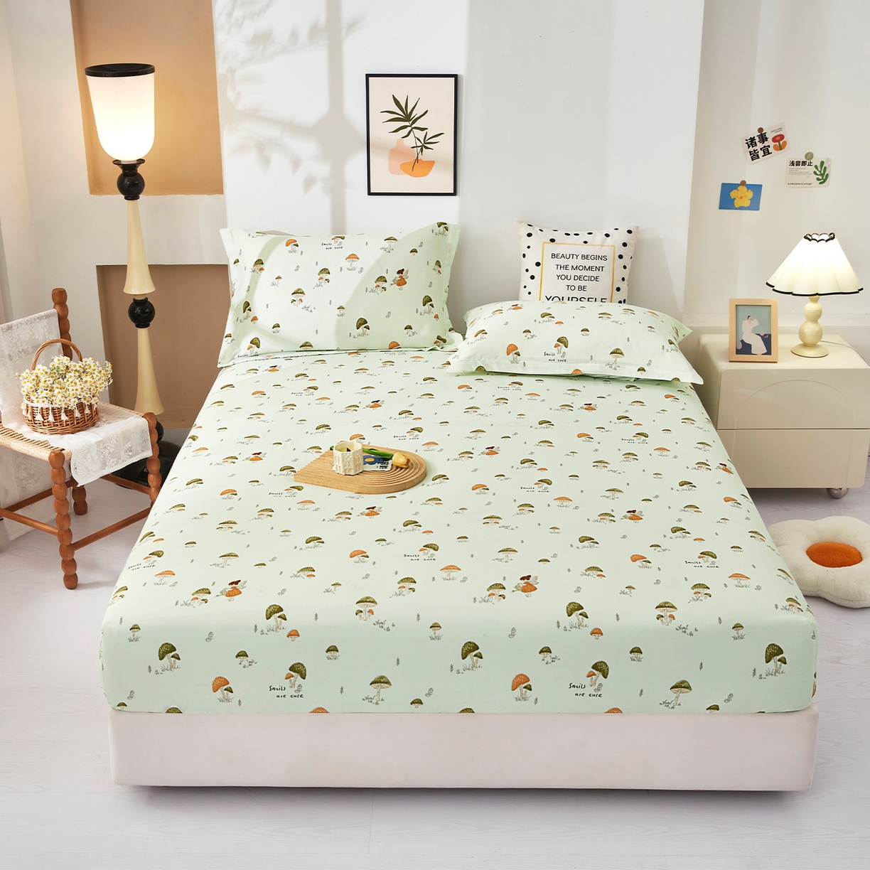 91家纺网 家纺一手货源 找家纺 乐居家纺 2025新款针织棉双层纱单件床笠 蘑菇精灵