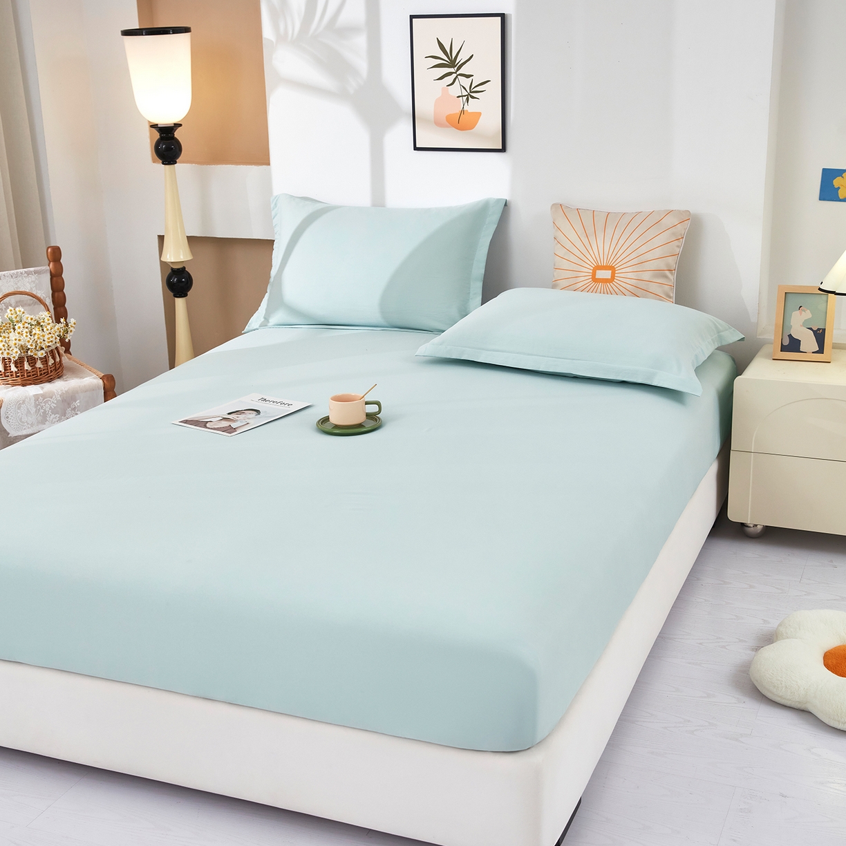 91家纺网 家纺一手货源 找家纺 乐居家纺 2025新款针织棉双层纱单件床笠 浅绿