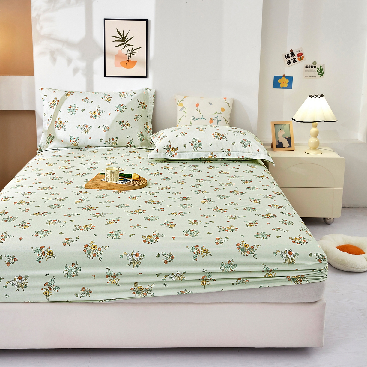 91家纺网 家纺一手货源 找家纺 乐居家纺 2025新款针织棉双层纱单件床笠 花团