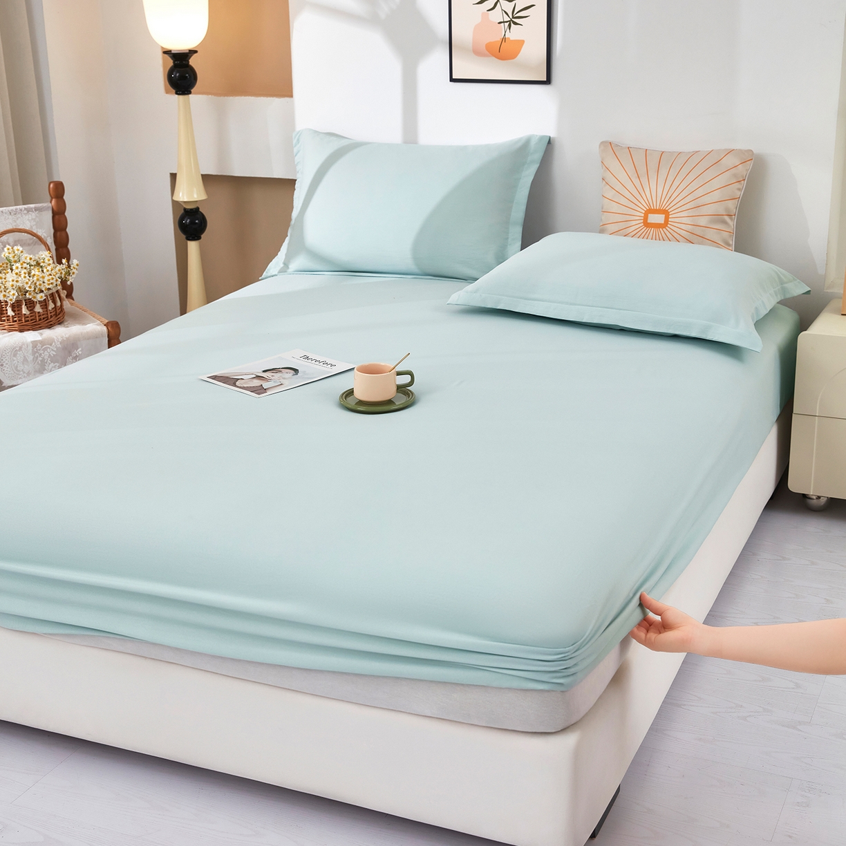 乐居家纺 2025新款针织棉双层纱单件床笠 浅绿