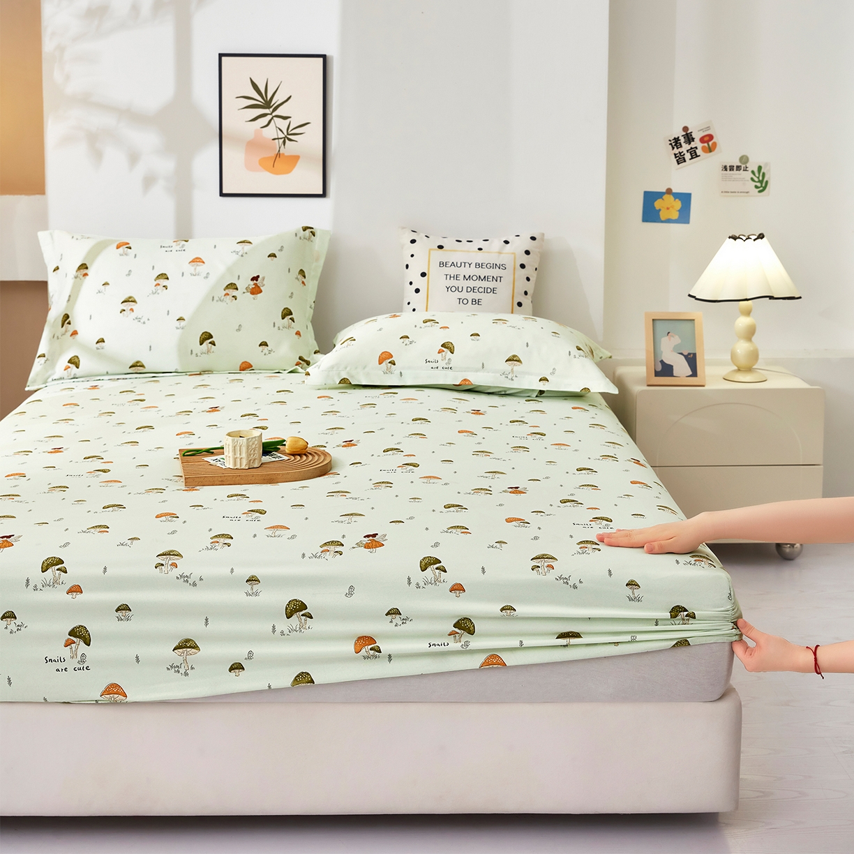 91家纺网 家纺一手货源 找家纺 乐居家纺 2025新款针织棉双层纱单件床笠 蘑菇精灵