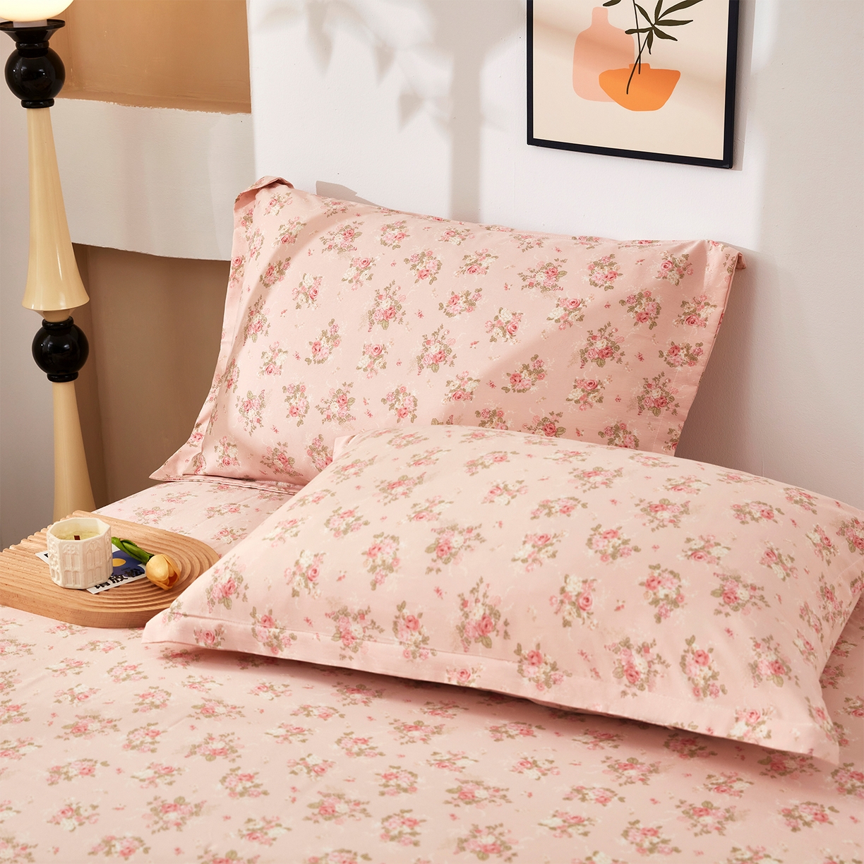 91家纺网 家纺一手货源 找家纺 乐居家纺 2025新款针织棉双层纱单件床笠 粉韵格调