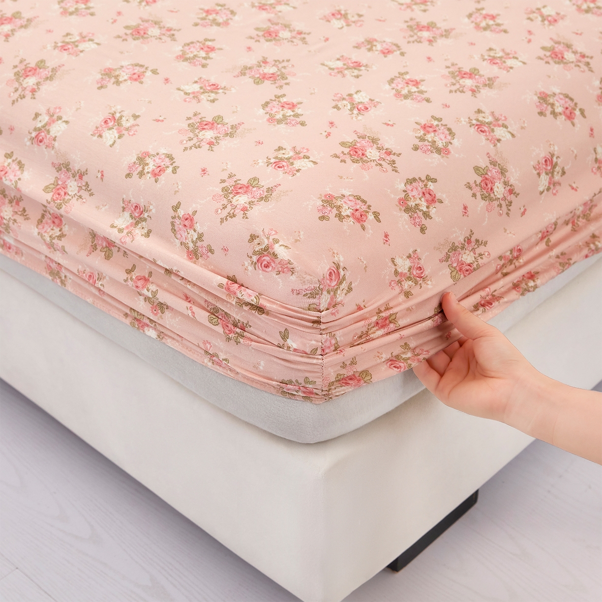 91家纺网 家纺一手货源 找家纺 乐居家纺 2025新款针织棉双层纱单件床笠 粉韵格调