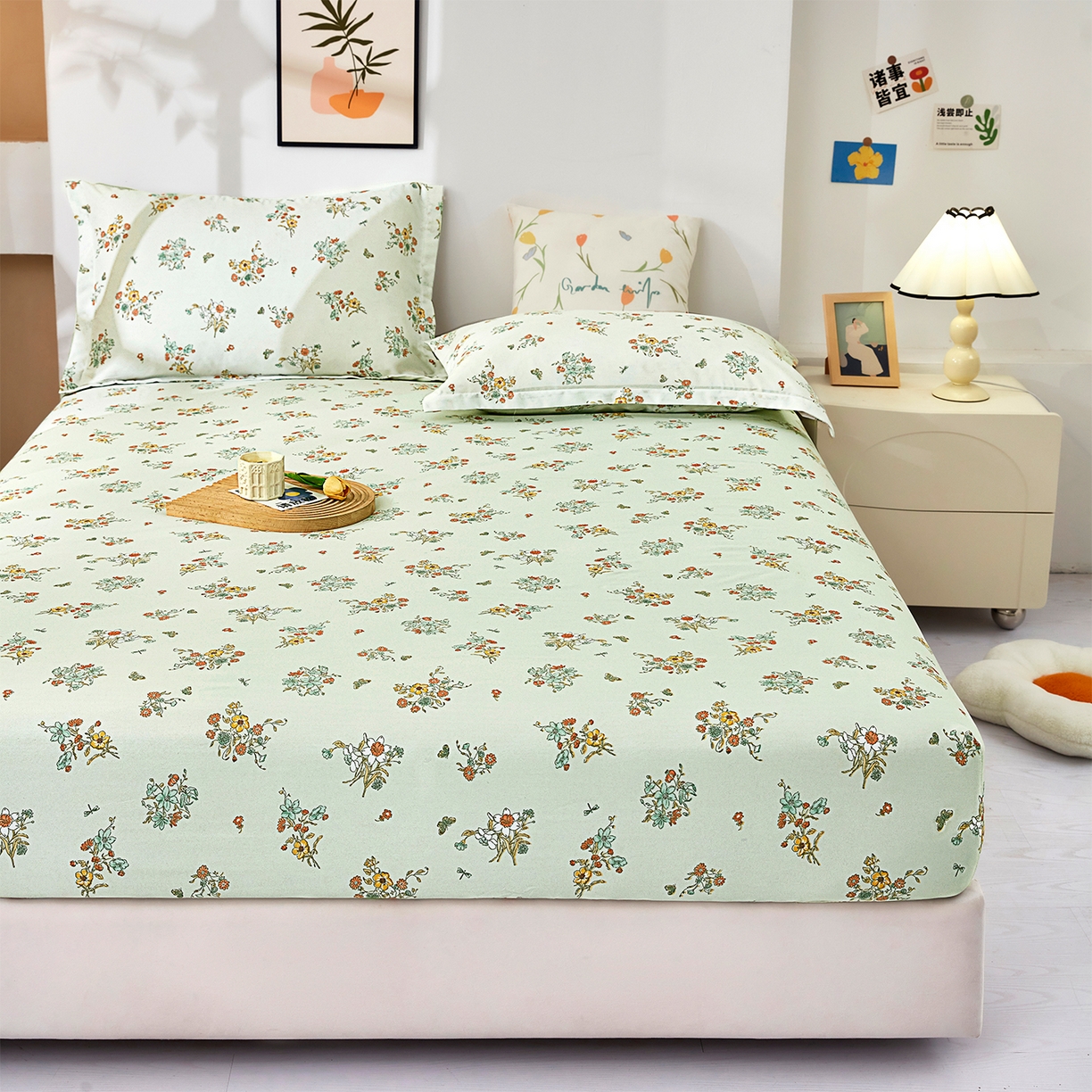 91家纺网 家纺一手货源 找家纺 乐居家纺 2025新款针织棉双层纱单件床笠 花团