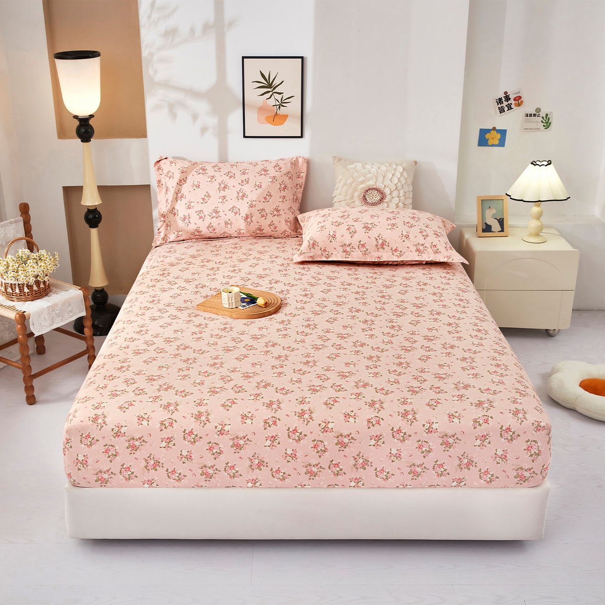 91家纺网 家纺一手货源 找家纺 乐居家纺 2025新款针织棉双层纱单件床笠 粉韵格调