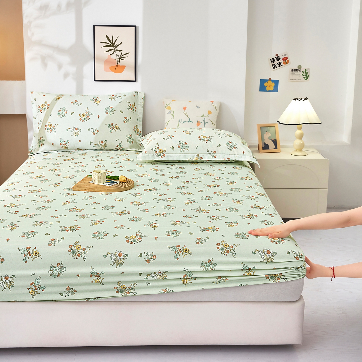 91家纺网 家纺一手货源 找家纺 乐居家纺 2025新款针织棉双层纱单件床笠 花团