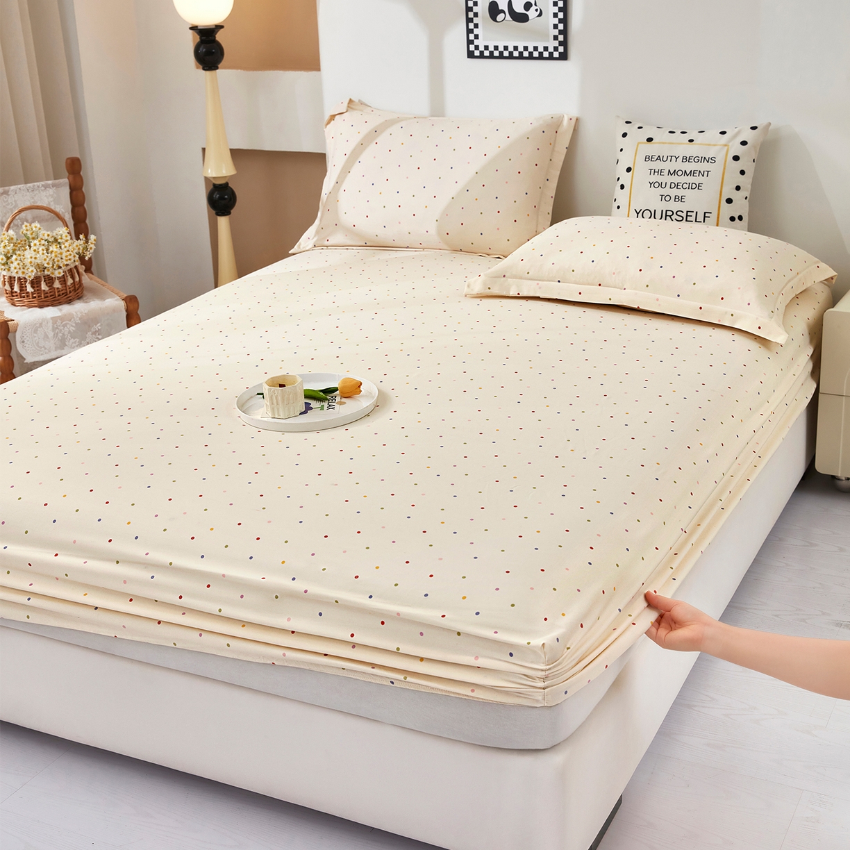 乐居家纺 2025新款针织棉双层纱单件床笠 奶油波点-米