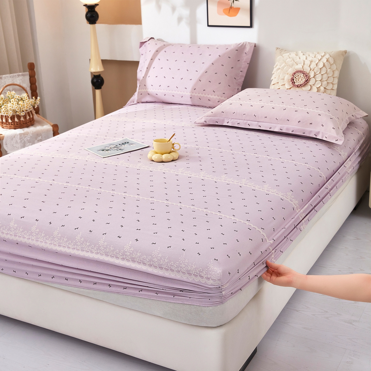 乐居家纺 2025新款针织棉双层纱单件床笠 紫韵蝴蝶