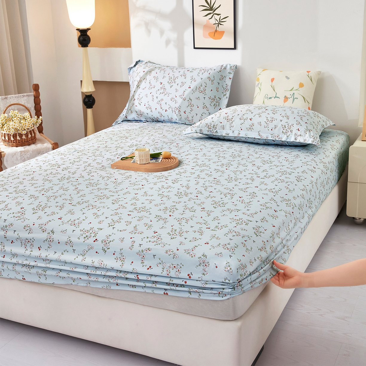 乐居家纺 2025新款针织棉双层纱单件床笠 樱桃花语