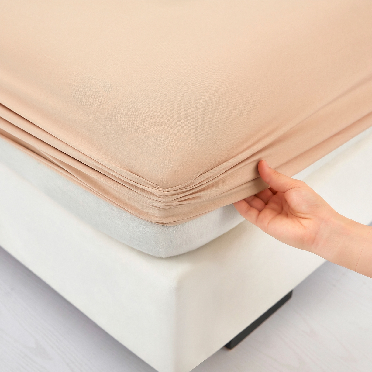 91家纺网 家纺一手货源 找家纺 乐居家纺 2025新款针织棉双层纱单件床笠 米黄