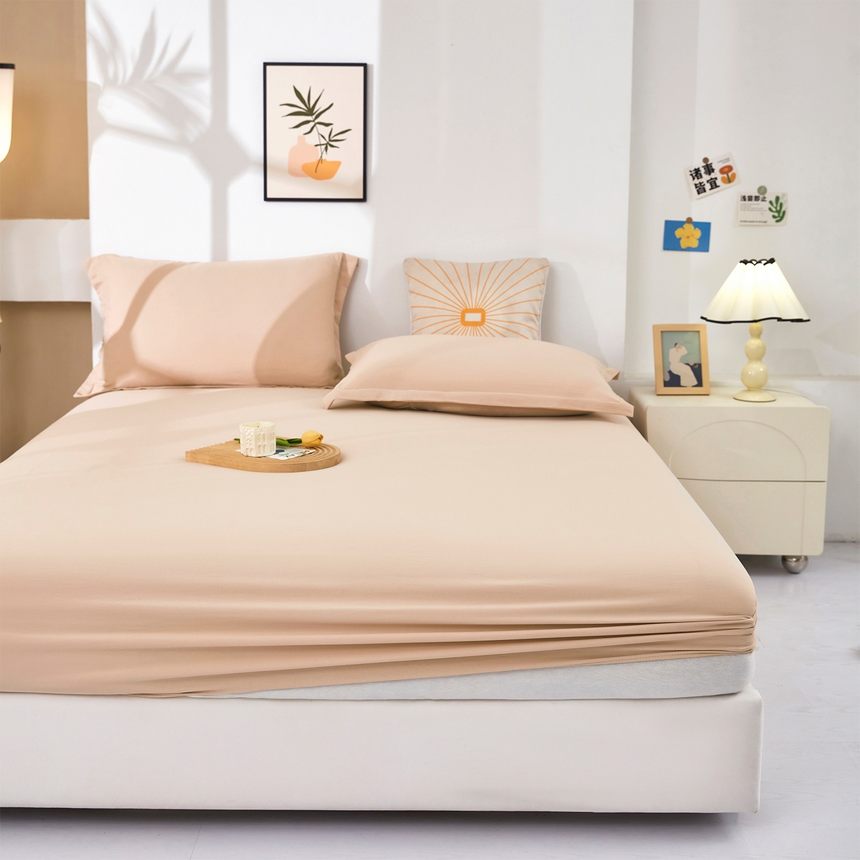 91家纺网 家纺一手货源 找家纺 乐居家纺 2025新款针织棉双层纱单件床笠 米黄