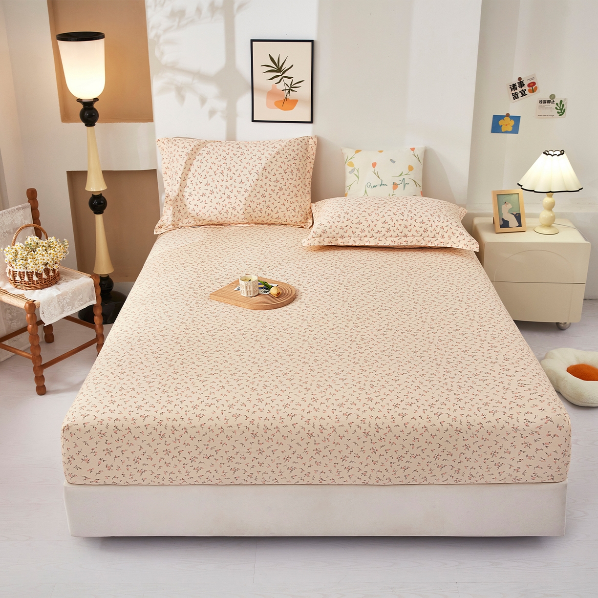 91家纺网 家纺一手货源 找家纺 乐居家纺 2025新款针织棉双层纱单件床笠 问秋黄