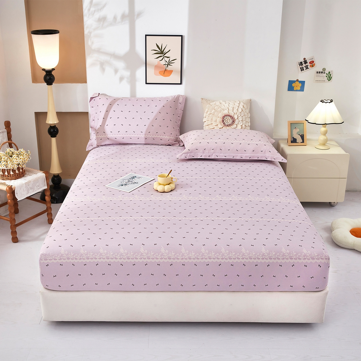 91家纺网 家纺一手货源 找家纺 乐居家纺 2025新款针织棉双层纱单件床笠 紫韵蝴蝶