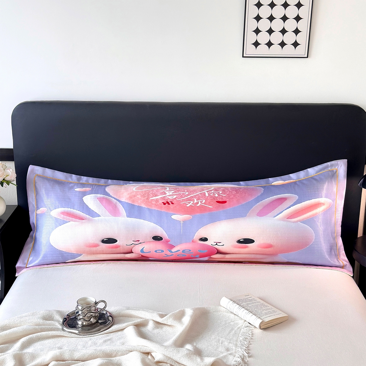 91家纺网 家纺一手货源 找家纺 乐居家纺 2025新款凉感高密冰丝双人印花枕套+内芯 萌萌兔