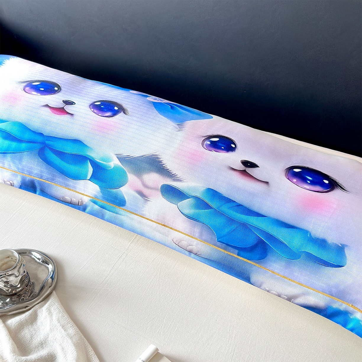 91家纺网 家纺一手货源 找家纺 乐居家纺 2025新款凉感高密冰丝双人印花枕套+内芯 灵动咪-蓝