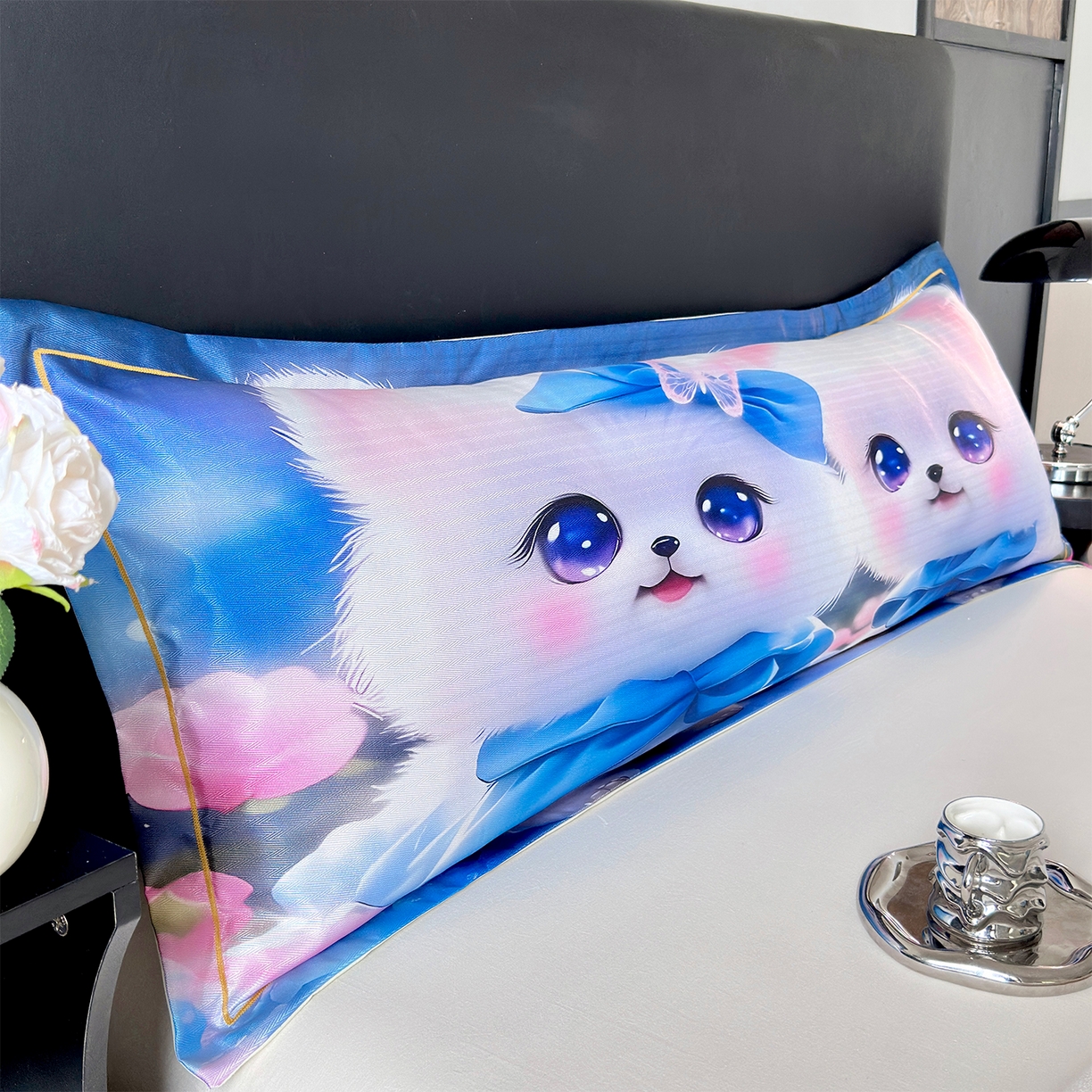 91家纺网 家纺一手货源 找家纺 乐居家纺 2025新款凉感高密冰丝双人印花枕套+内芯 灵动咪-蓝