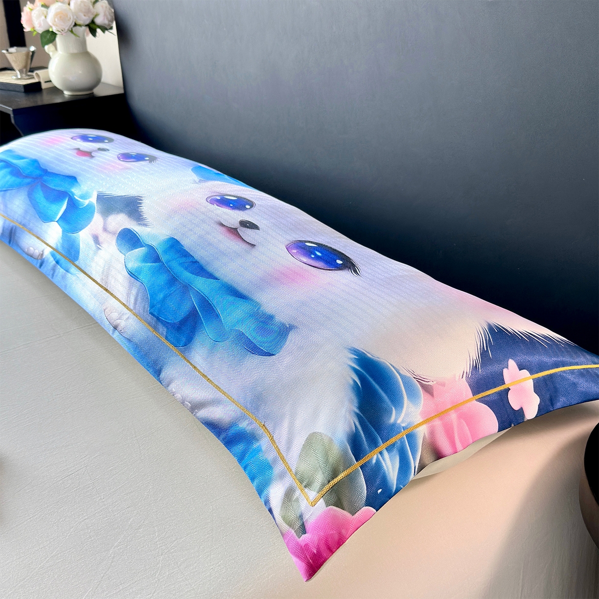 91家纺网 家纺一手货源 找家纺 乐居家纺 2025新款凉感高密冰丝双人印花枕套+内芯 灵动咪-蓝