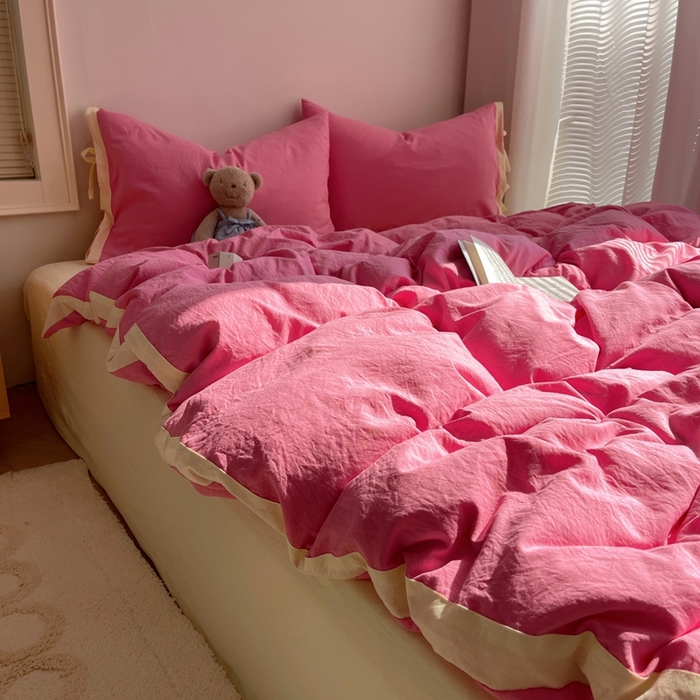 91家纺网 家纺一手货源 找家纺 轻奢坊 2025新款水洗棉纯色撞色包边绑带款四件套 果莓红