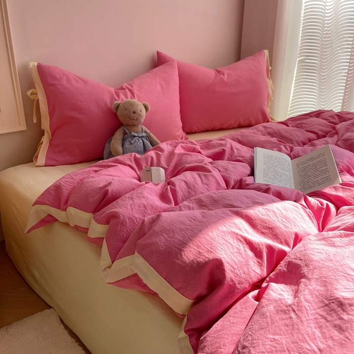 91家纺网 家纺一手货源 找家纺 轻奢坊 2025新款水洗棉纯色撞色包边绑带款四件套 果莓红