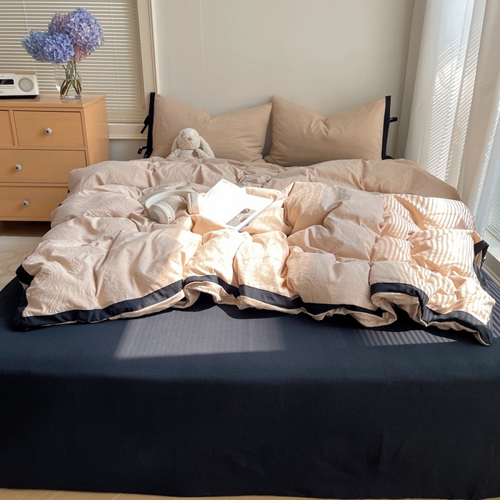 轻奢坊 2025新款水洗棉纯色撞色包边绑带款四件套 胡桃棕