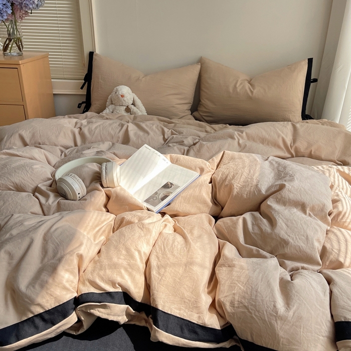 91家纺网 家纺一手货源 找家纺 轻奢坊 2025新款水洗棉纯色撞色包边绑带款四件套 胡桃棕