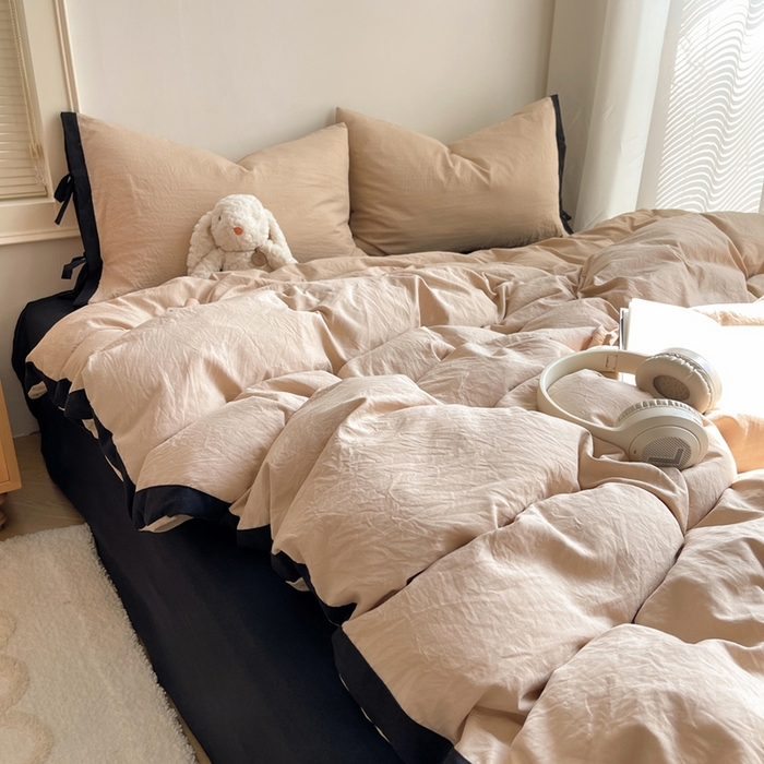 91家纺网 家纺一手货源 找家纺 轻奢坊 2025新款水洗棉纯色撞色包边绑带款四件套 胡桃棕